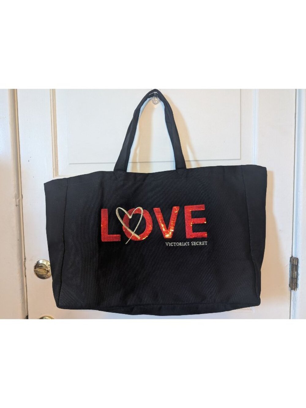 Victoria's Secret Love Collection Tote Bag Large Black Canvas with Red Sequins
